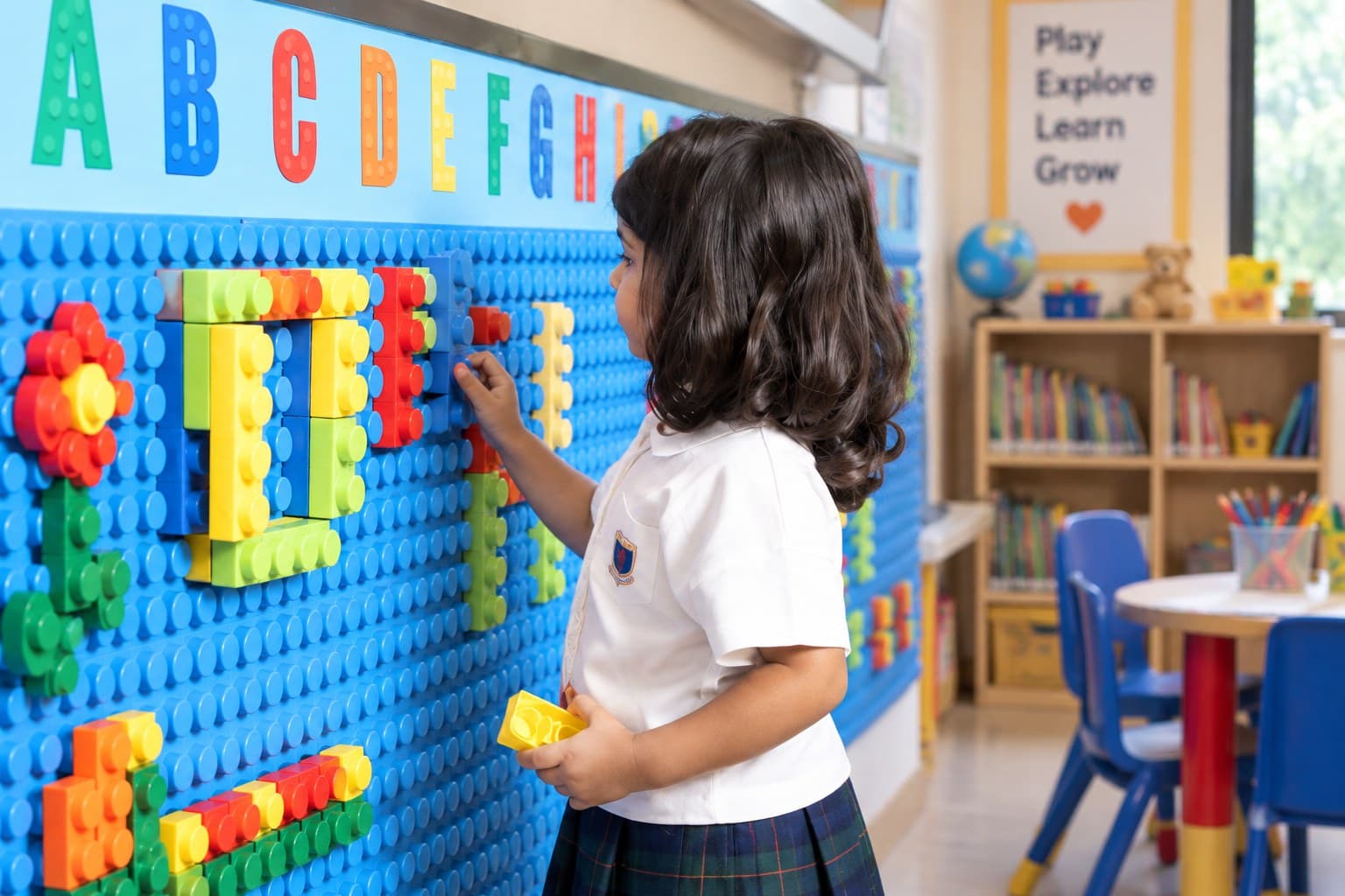 A pre-primary child building with colourful blocks